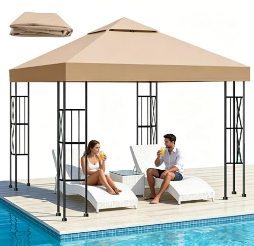 Qdreclod Telo di Ricambio per Gazebo 3x3m, Impermeabile e Anti-UV 300D, Copertura Rimovibile per Pergola con Fascette in Velcro Rinforzate, Ideale per Giardino, Terrazza, Campeggio e Spiaggia,Cachi