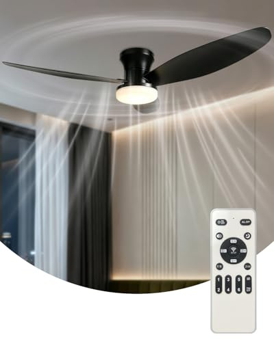 FYLXURO 106cm Ceiling Fans with Lights and Remote, 42'' Dimmable LED Ceiling Fan Light, 6 Speeds Reversible Quiet Low Profile Modern Fan, 3000K-6500K & Timer for Bedroom, Living Room (Black 3-Blade)