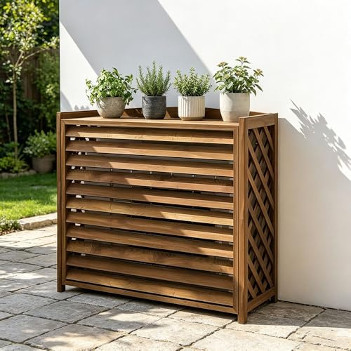 Cubierta De Aire Acondicionado De Madera Soporte De Flores Madera Rejilla Cubierta Exterior Aire Acondicionado Pantalla(XL-115x54x95cm)