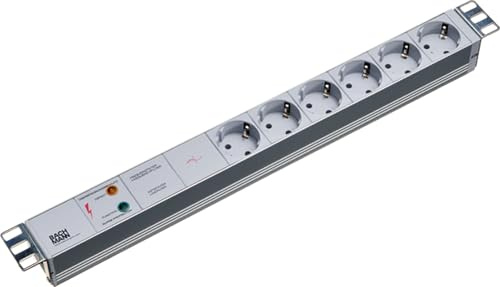 Bachmann grenuttag 19 tum PDU 6-fack med överspänningsskydd samt nät- och frekvensfilter 1HE 2 m kabel flera uttag för serverskåp rack grå 33,402 (inkl. 2 x fästvinklar)