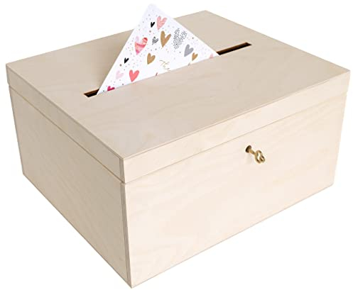 Creative Deco Kartenbox Hochzeit Holzkiste mit Deckel | 29 x 25 x 15 cm | Geldgeschenke Holzbox mit Schlitz, Schloss und Schlüssel Geschenkkarten Box Geldbox Briefbox Kasten | Lagerung Spendenbox