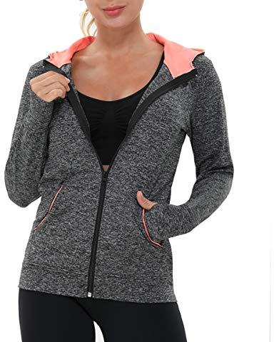 AMZSPORT Sweat à Capuche Zippé pour Femmes Sweatshirts de Fitness Veste Sport avec Trous les Pouces Noir L