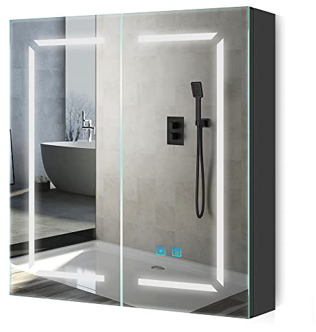 Quavikey® Badezimmer Spiegelschrank mit LED Licht und Rasiersteckdose 2 Türen Schwarzer Spiegelschrank Schlafzimmer Wand mit Regal Einstellbare Farbtemperatur und Anti Fog 60cm Breite