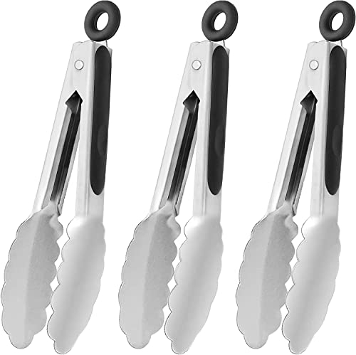 HINMAY Mini Stainless Steel Kitchen Tongs 7-Inch Serving Tongs Small Cooking Tongs, Set of 3 (Silver)