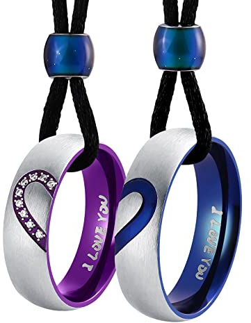 Whoiy Pärchen Kette, Partnerkette Edelstahl Halskette Herz Kette mit Anhänger Blau Lila 6mm Zirkonia Ring mit Gravur I Love You