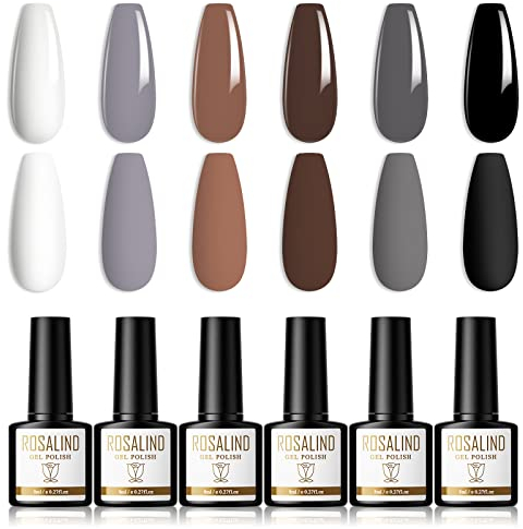 ROSALIND Gel Nagellack Weiß Schwarz Braun Grau Shellac Set 6 Farben Uv Nagellack Shellac Nagellack UV LED Soak Off Nail Polish Geeignet FüR AnfäNger, Nagelstudios, 8ml