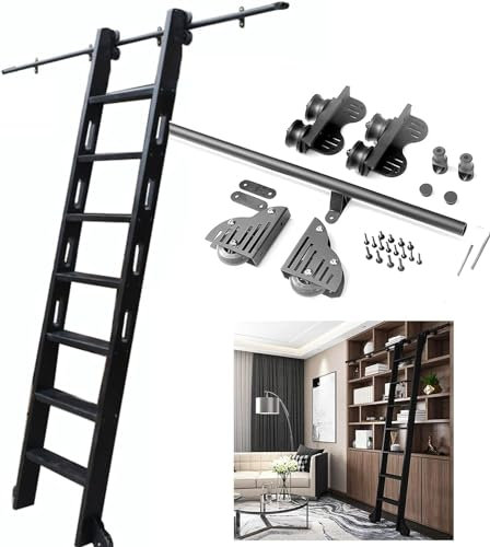 Ausziehbare Schiebeleiter, Hardware-Set, 1 m - 6 m, Rollleiter-Schiene, runde Schiene/Schiene mit Bodenrollen, Bibliothek, mobiles Leiterbahn-Set für Heimbüro (ohne Leiter), Rus