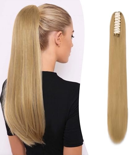 Gairyan 60cm Pferdeschwanz Haarteil Zopf Lang Glatt Klammer Claw Clip in Ponytail Extension Synthetik Haare Gerade Haarverlängerung für Frauen (Dunkelblond)