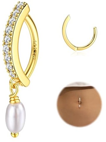 FIBO STEEL 14K Gold Plated Belly Button Rings for Women Clicker Dangle Belly Rings CZ Pearl Star Shells Barbell Navel Rings 316L Surgical Steel Belly Piercing Jewelry 14G Pearl Dangle