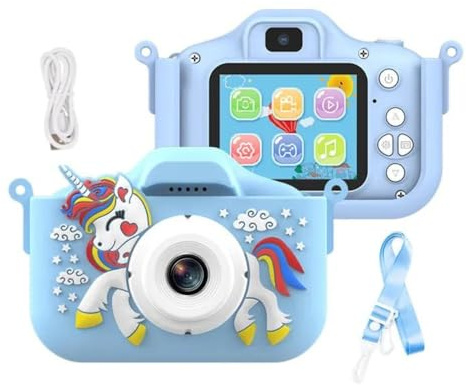 SHOP-STORY - UNICAM : Appareil Photo Numérique Licorne Bleu pour Enfants 1080P Caméra Avant/Arrière & Jeux Capturez des Moments Inoubliables