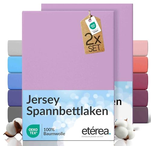 etérea Jersey 2er Set Spannbettlaken 180x200cm - 200x200cm Flieder bis 25 cm Höhe - 100% Baumwolle Spannbetttuch Oekotex - Doppelpack Bettlaken 180x200 cm - 200x200 cm - Lila