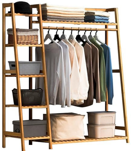 YYLIVING Bamboo Open Wardrobe Coat Stand with Shelves and Hanging Rail Garment Rack for Bedroom Storage Organization Ideal Clothes Towels Shoes Boxes
