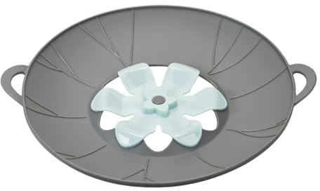 Casoter Silicone Boil Over Spill Stopper Lid, 26cm Multi-Function Grey Pan Cover with Mint Flower Design, Foldable Kitchen Pot Safeguard