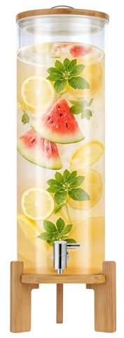LYXXW Dispensador Bebidas de Vidrio de 1.3 Galones con Soporte de Madera y Grifo de Acero Inoxidable, Jarra Grande para Té Helado Agua Jugos y Bebidas Fiestas,11L