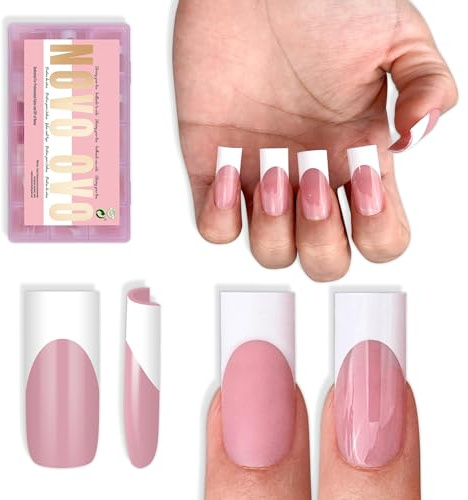 NOVO OVO Puntas de uñas cuadradas medianas cuadradas blancas, color rosa baya, capa superior extragruesa, gel suave, cobertura completa para extensiones de uñas, 15 tamaños, 180 unidades