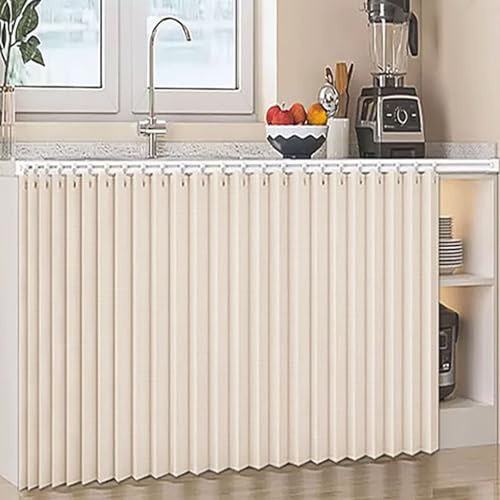Generisch Staubdichte VorhäNge für Offenes Regal Leinenmaterial Wasserdicht, Schrankvorhang für Küche Vorhang mit Gleitschiene Schrank Vorhang zum Schieben - Selbstklebend,Beige,W60cm/H60cm