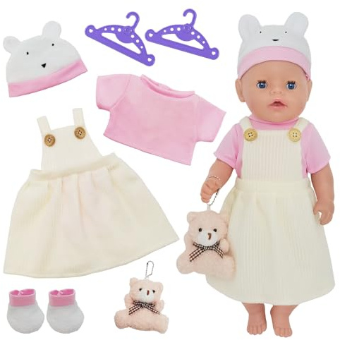 7 Stück Puppenkleidung Outfits für 14-18 Zoll Baby Puppen, Puppenkleidung 30-43cm Süße Baby Kleidung Outfits Oberteil Schürzenkleid Hut Socke Plüschtier Kleiderbügel Geburtstagsgeschenk Mädchen