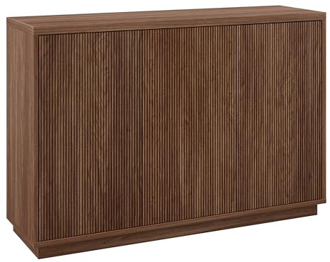 Henn&Hart 47.5'' Fluted Sideboard Buffet Cabinet, Ribbed Modern Wooden Credenza with 3 Doors, Adjustable Shelves, and Cable Management Cut-Outs for Dining Room, Kitchen or Living Room, Satin Walnut