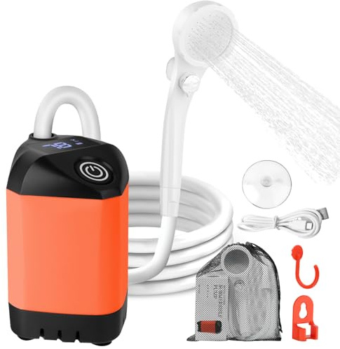 B013 Portable Dusche Outdoor – Camping Dusche mit 7800mAh Akku, USB-C, 3-Stufen Duschkopf & LED Display | Leise Pumpe für Vanlife, Strand, Garten (orange)