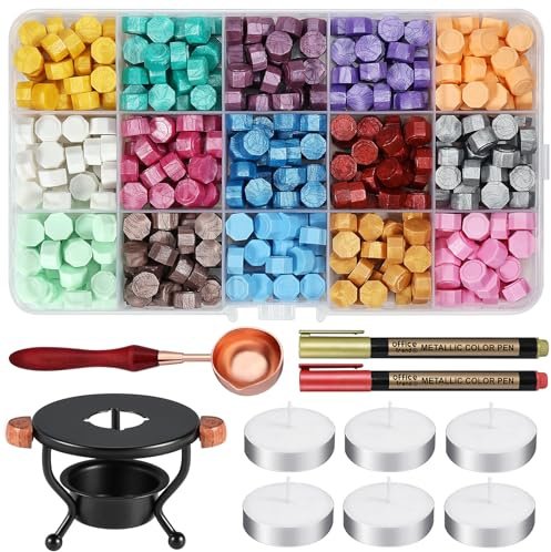 310Pcs Wax Seal Kit, WEWINK PLUS Sealing Wax Beads Set with Warmer, Melting Spoon, 6Pcs Candles,2Pcs Metallic Pens for Vintage Envelopes Letters Crafts, Decoration, 15 Colors