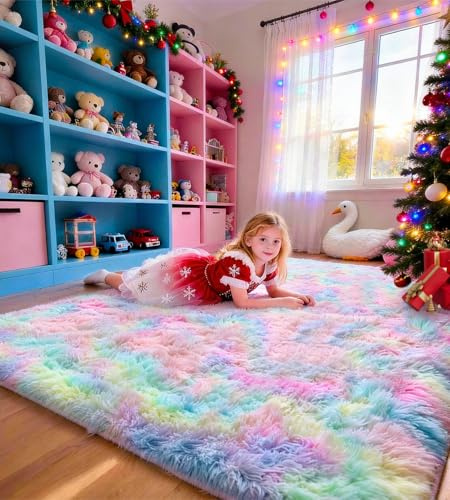 ROHATIM Teppich Wohnzimmer 120 x 160 cm Regenbogen Waschbar Rutschfester Hochflorteppich Kinderzimmer Schlafzimmer Flauschiger Teppiche