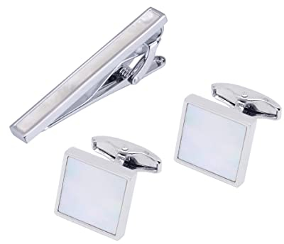 Jonwo Quadrat Perlmutt Krawattennadeln Manschettenknöpfe Herren Silber Manschettenknöpfe Cufflinks Tie Clip Hochzeit Hemd Party Geburtstag Jubiläum Kleid (Silber Manschettenknöpfe Krawattennadeln)