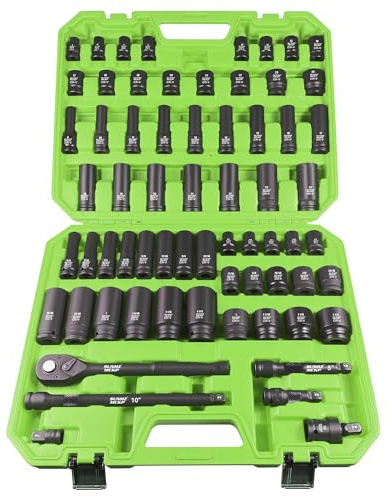 SUNHZMCKP 1/2 Drive Impact Socket Set, 66 Piece Standard SAE (3/8-1-1/4) & Metric (8-24mm), 6 Point Shallow/Deep Socket Kit with Ratchet Handle, Drive Extension Bar, Impact Universal Joint, Cr-V
