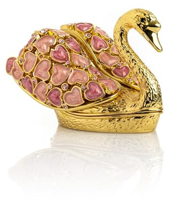Keren Kopal Schmuckkästchen Goldener Schwan mit Herzen, mit rosa Kristallen, Fabergé-Stil, Dekoration