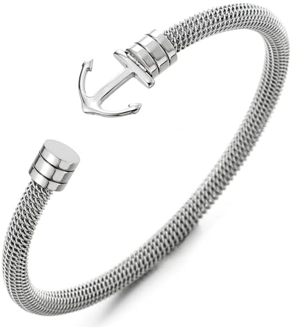 COOLSTEELANDBEYOND Unisexo Fina Acero Inoxidable Marina Ancla Malla Cable Pulsera para Hombre Mujer, Pulido, Elástica Ajustable