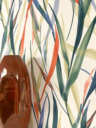 Newroom Vliestapete Bunt Pflanzen Blätter Wohnzimmer Tapete | Aquarell Gräser Grün Blau Orange Gelb matt, feine Leinenstruktur, Mustertapete Boho farbenfroh, Schlafzimmer Flur