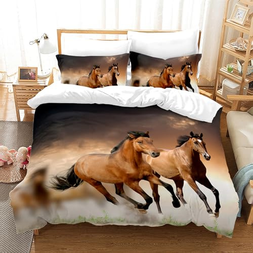 KAIDAARTLH Horse Set de Linge de lit 200x200cm, Housse de Couette en Microfibre avec Fermeture éclair avec Impression Cheval, avec 1 Housse de Couette et 2 taies d'oreiller (Horse-1, Doppio-200x200)