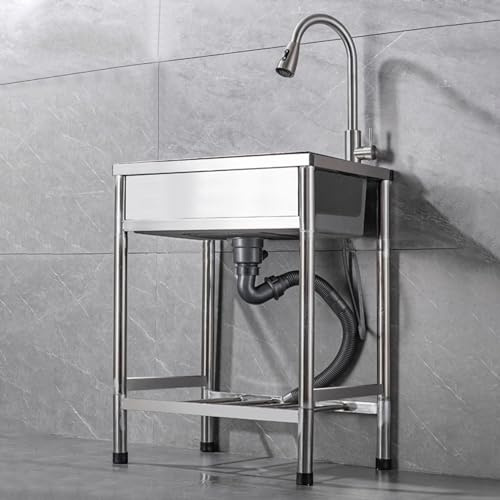 Edelstahl-Küchenspüle Mobile Outdoor-Spüle Freistehend Spültisch, Einzelbecken Gewerbliche Spülbecken,Camping Waschtisch mit einen ausziehbaren Wasserhahn (40x50cm)