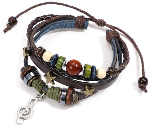 LLOUSSAK Bracciale in pelle intrecciato per uomini e donne, punk goth vintage, bracciale da uomo intrecciato, braccialetti larghi in canapa cords di legno perline bracciale regolabile, nan
