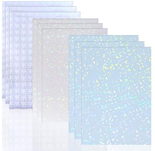 Azlanway Hojas de pegatinas holográficas, 9 unidades, 3 estilos, autoadhesivas, transparentes, A4, película decorativa para manualidades