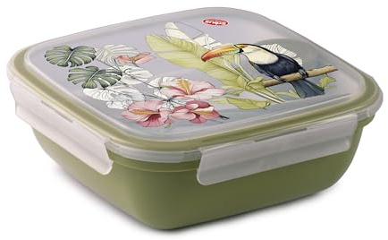 Snips Fresh Lunch Box Quadrato 1,50 L, Porta Pranzo con Vassoio a 2 Scomparti, Posate e Contenitore per Condimenti, 4 Chiusure di Sicurezza, Decoro Tucano, Made in Italy