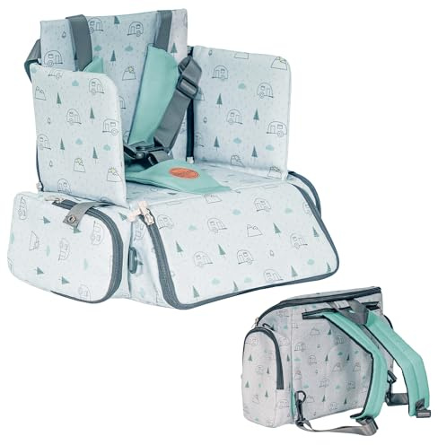 Olmitos - Asiento Elevador para Bebé 3 en 1: Asiento, mochila y bandolera -Universal Correas Ajustable - Montaje Rápido - Bolsillos Prácticos - Compacto para Viajes - Universal (Adventure)