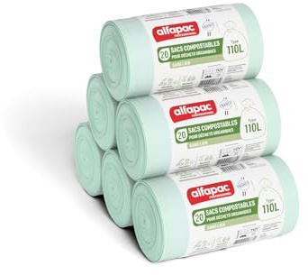 Alfapac professionnel - Carton de 200 sacs-poubelle compostables 110L - 10 rouleaux de 20 sacs - Sans lien - Pour déchets organiques