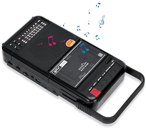 Boombox - Reproductor de casete portátil con grabación, radio FM/AM/SW1-2, con función de panel solar, equipado con conector para auriculares y batería de litio, fácil de usar (negro)