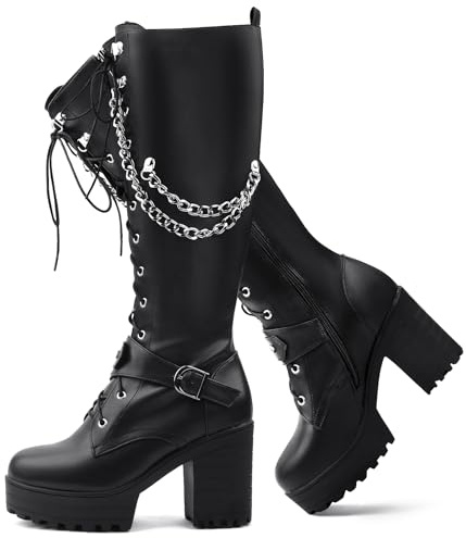Voviggiw Women Fashion Platform Knee High Boots Block Heels Long Boots Lace Up Winter Shoes High Heel Gothic Long Boots with Chain Black Size 37