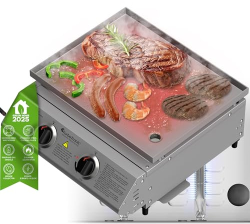 TurboTronic XXL Profi Gasgrill 46 × 40 cm – Edelstahl Grillplatte, 6,3 kW (2×3,15 kW Brenner) mit Turbo-Funktion für perfekte Smash Burger – Plancha/Griddle/Camping BBQ