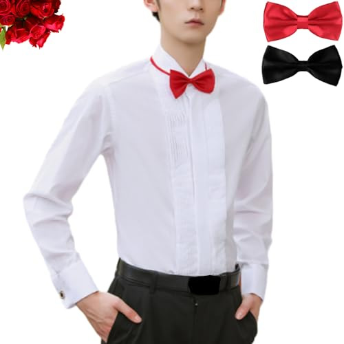 GAGFDA Camicia da smoking da uomo, casual, a maniche lunghe, slim fit, plissettata, con bottoni, per feste di nozze, lavoro, abito da sera formale, camicie con 2 papillon, bianco, L