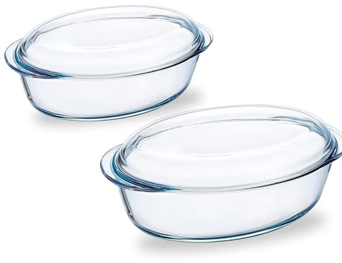 Reldor 2-Piece Oval Glass Casserole Dish with Lid, 3.5L & 1.6L, Oven Safe & Microwave Safe, Ideal for Baking Sourdough Loafs, Casseroles, Lasagna & Roasting, Durable Glass with Smart Lid Design