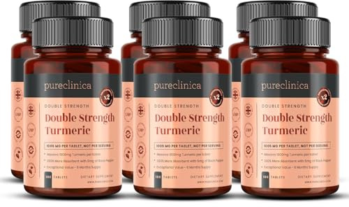 Curcuma Double Strength Lot de 6 flacons de 180 comprimés de curcuma 200 % plus de curcuma + niveaux naturels de curcumine