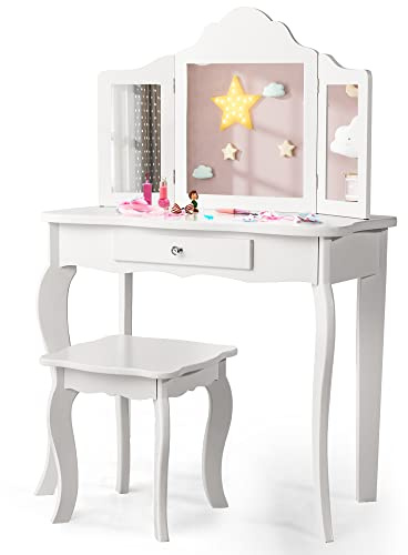 RELAX4LIFE Toeletta Trucco Bambina con Specchio e Sgabello, Centro di Bellezza, Giocattolo da Trucco, Set Tavolo da Trucco in Legno per Tesori, 70 x 34 x 103 cm (Bianco)
