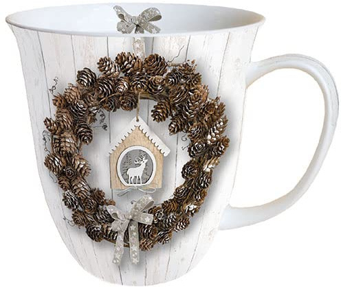 Ambiente Tazza in porcellana da circa 400 ml Bone China Mug per tè o caffè, autunno inverno Natale Pine Cone Wreath
