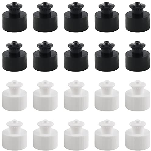 WHYHKJ 20PCS 28mm Water Bottles Push Pull Caps Sports Water Bottle Cap Replacement Top Hand Pull Cap(10 white, 10 black)
