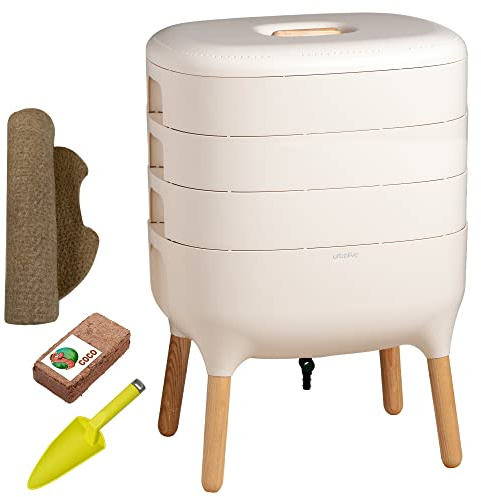 Moutta | Urbalive 3 Schalen Elfenbein, Komplettset I Wurmkomposter Design I Startersubstrat I Hanfmatte + Schaufel I Innenraum, Balkon und Garten