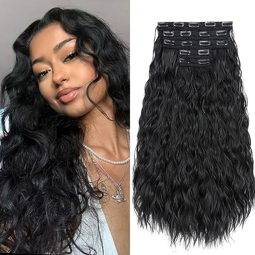 TESS Clip in Extensions Lockig 60 cm, Schwarz 5 PCS Clip in Haarteile Lang 250g mit 17 Clips Haarvolumen-Booster Wellen Synthetik Hair haarverlängerung Clip in Für Frauen