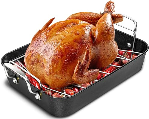MICHELANGELO Carbon Steel Roasting Pan with Rack, Turkey Roasting Pan 15 Inch x 11 Inch, Nonstick Turkey Roaster Pan with Stainless Steel Rack, Induction Compatible