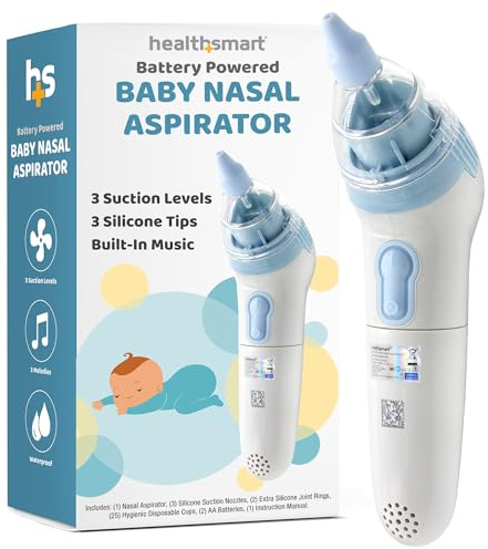 HealthSmart Nasal Aspirator for Baby – Perfect Gift for Moms & Baby Registry -3 Suction Levels, 3 Silicone Tips, Ergonomic Electric Nose Sucker with Built-in Nursery Rhymes